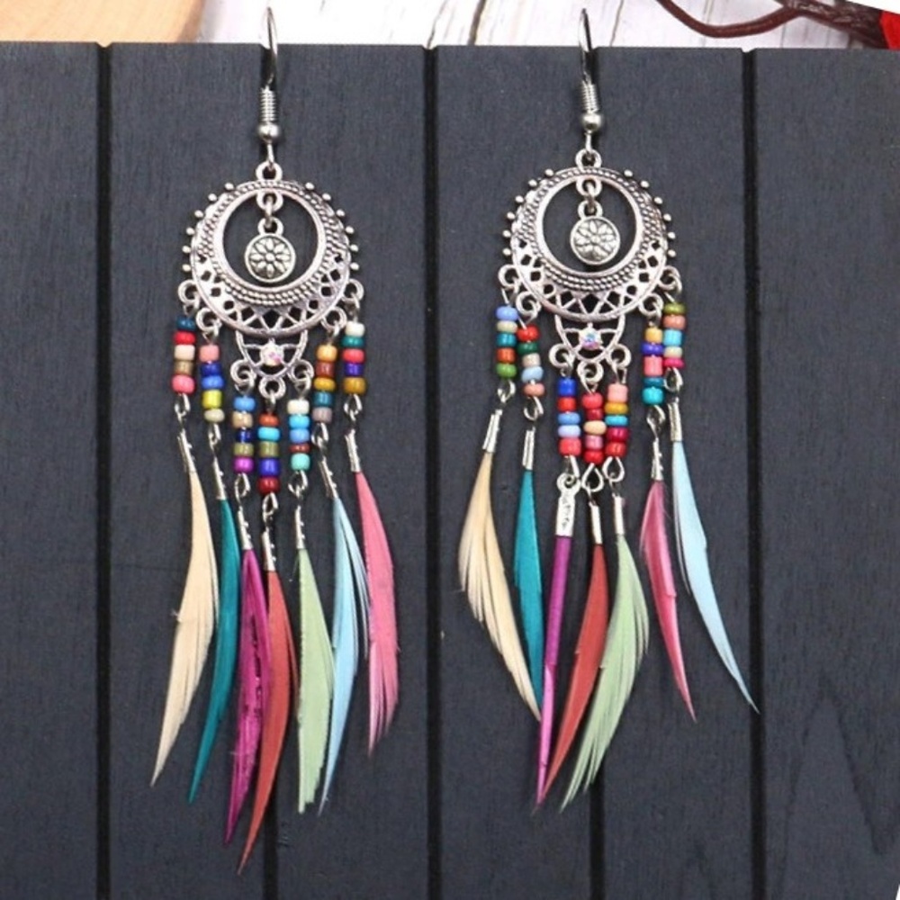 Boho Chic Multi-colored Feather Earrings - Silver